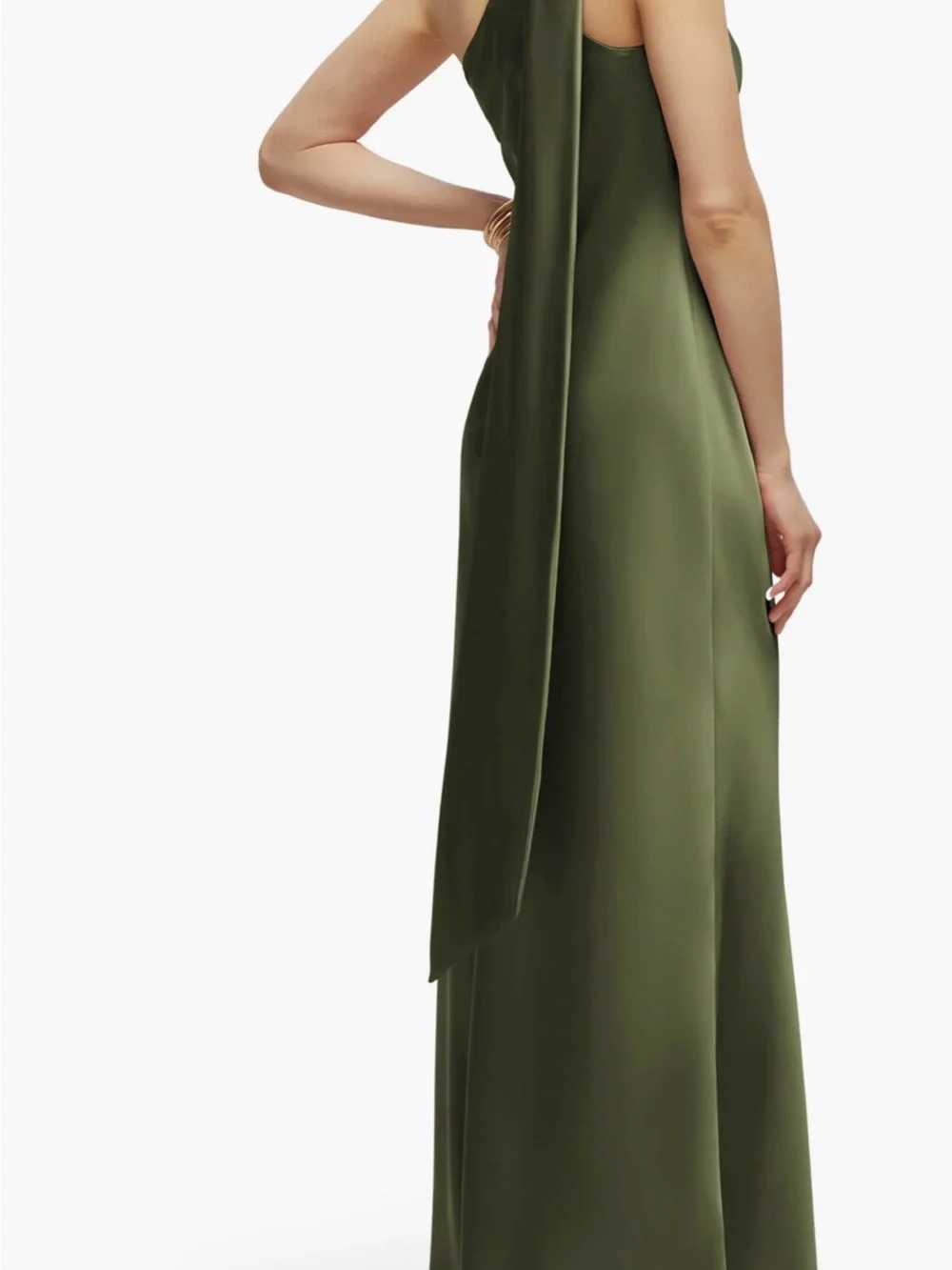 After Six Olive Green One-Shoulder Satin Gown - Picture 2 of 3
